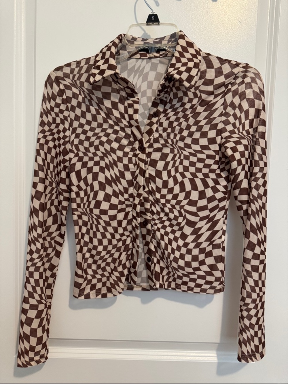 SHEIN Brown and Cream Checkerboard Button-Down Shirt